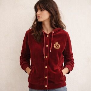 Ralph Lauren Red Velvet Track Jacket Gold Crest Hoodie Vintage Sz M